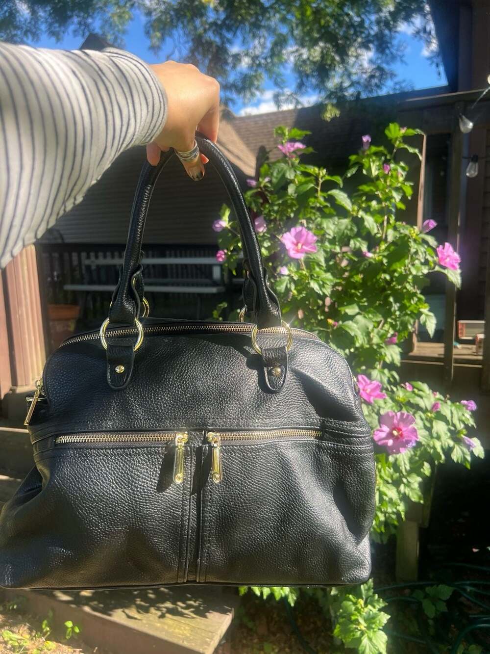 Charming Charlie Black Pebbled Faux Leather Satchel Handbag with Multiple Zipper